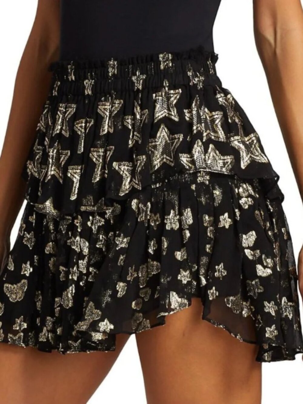 LoveShackFancy Black & Gold Metallic Star Ruffle Mini Skirt | Size S ⭐✨